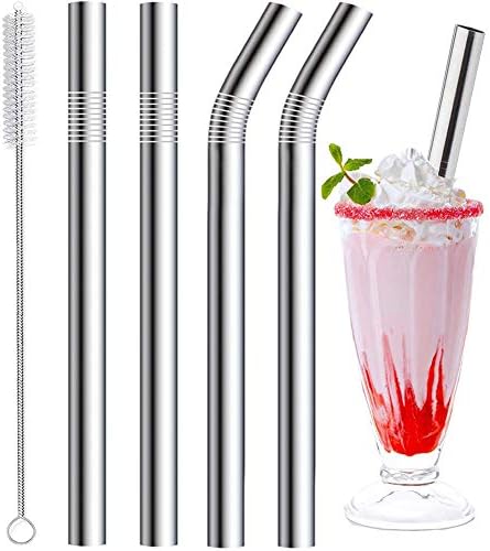 4-Pack Stainless Steel Reusable Straws with Cleaning Brush – Straight & Bent Metal Drinking Straws for Beverages