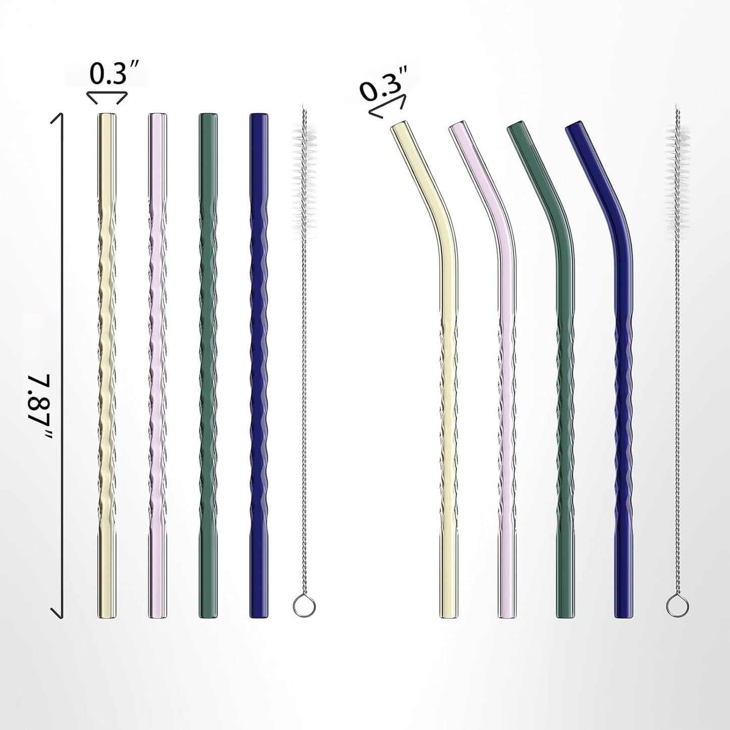 8-Pack Glass Straws Set, Reusable Drinking Straws with 4 Straight & 4 Bent, Includes Cleaning Brushes (0.3in Diameter / 7.87in Length)