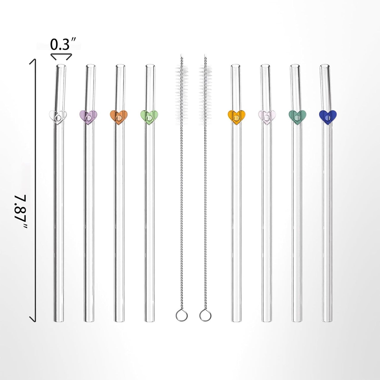 8 Pack Colorful Heart Glass Straws Set with 2 Cleaning Brushes Reusable Eco-Friendly Drinking Straws (7.87in × 0.3in)