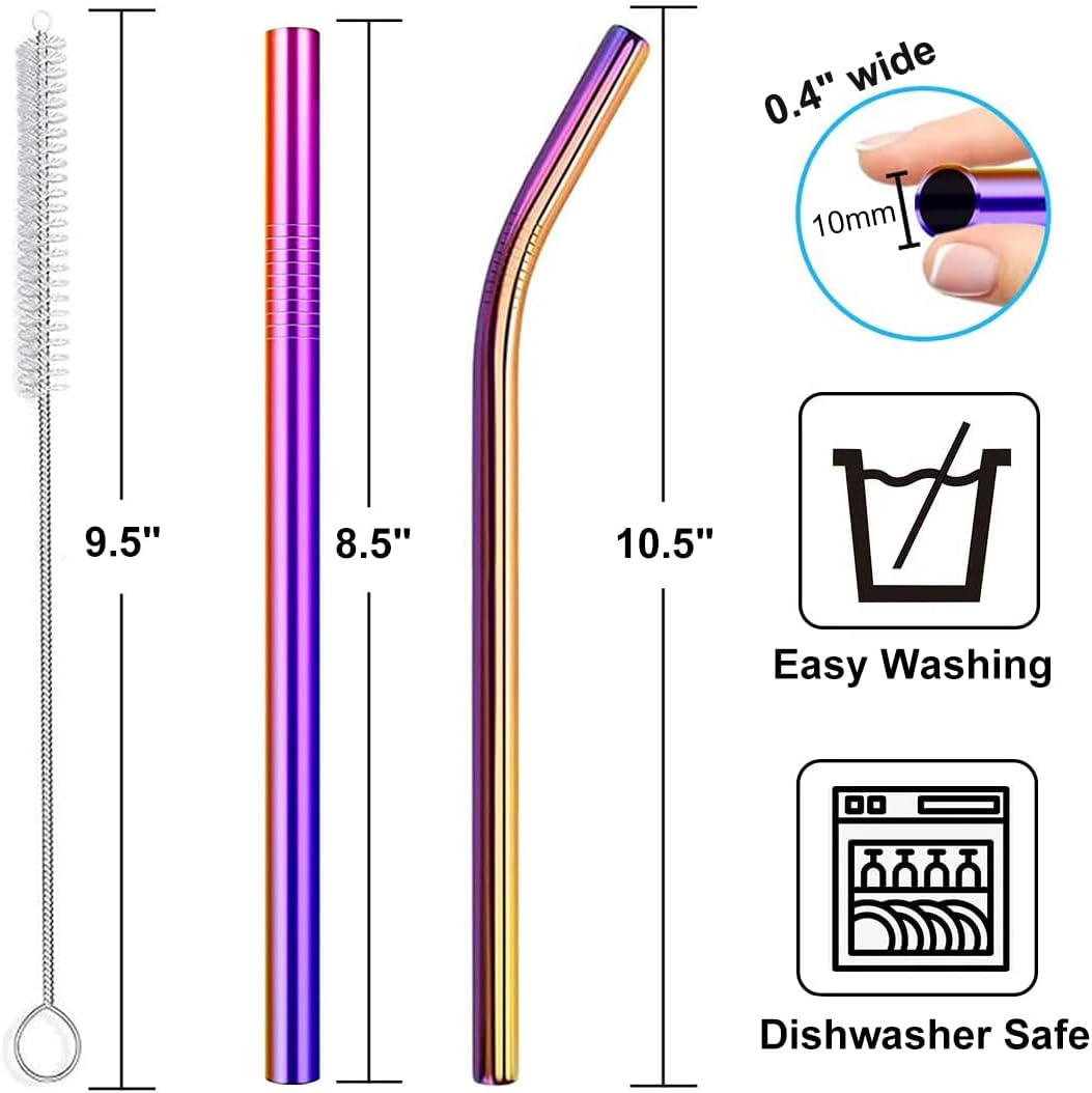 4-Pack Colorful Stainless Steel Reusable Straws with 1 Cleaning Brush – Straight & Bent Metal Straws for Milkshake & Smoothies