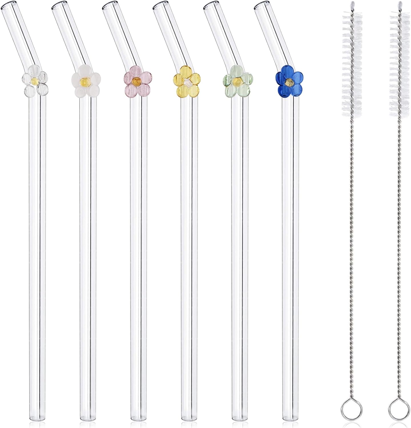 6-Pack Glass Straws Set with Flower Decoration, Reusable Drinking Straws (Random Colors, Includes Cleaning Brush, 20cm/0.32in Diameter)
