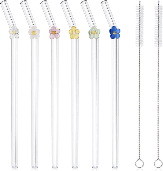 6-Pack Glass Straws Set with Flower Decoration, Reusable Drinking Straws (Random Colors, Includes Cleaning Brush, 20cm/0.32in Diameter)