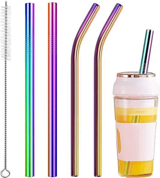 4-Pack Colorful Stainless Steel Reusable Straws with 1 Cleaning Brush – Straight & Bent Metal Straws for Milkshake & Smoothies
