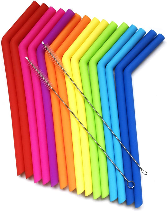 15 Random Colors Silicone Straws Reusable Flexible Drinking Straws with Cleaning Brush (10.1in × 0.3in)