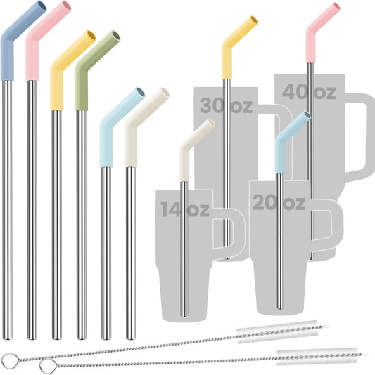 6-Pack Stainless Steel Straws Set, Multi-Size Reusable Drinking Straws with Random Color Silicone Tips & Cleaning Brush
