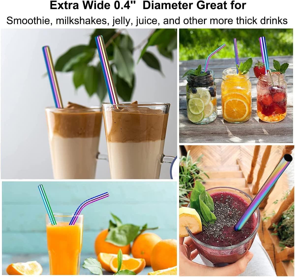 4-Pack Colorful Stainless Steel Reusable Straws with 1 Cleaning Brush – Straight & Bent Metal Straws for Milkshake & Smoothies