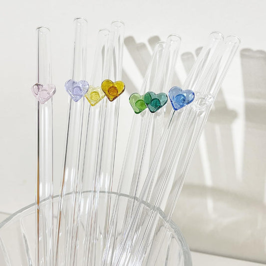 8 Pack Colorful Heart Glass Straws Set with 2 Cleaning Brushes Reusable Eco-Friendly Drinking Straws (7.87in × 0.3in)