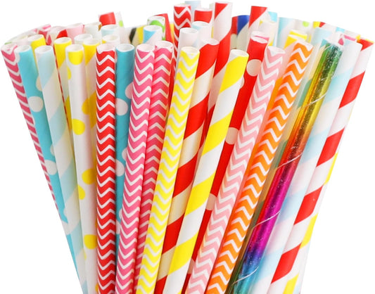 100 Pack Colorful Paper Straws, Assorted Polka Dots & Stripes, Eco-Friendly Biodegradable Disposable Drinking Straws (7.75in × 0.24in)