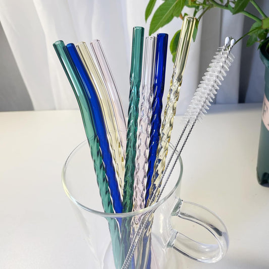 8-Pack Glass Straws Set, Reusable Drinking Straws with 4 Straight & 4 Bent, Includes Cleaning Brushes (0.3in Diameter / 7.87in Length)