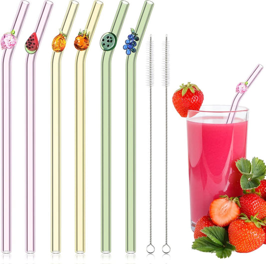 6 Pcs Glass Straws with Cute Fruit Design – Reusable Colorful Drinking Straws 7.9in x 8mm with 2 Cleaning Brushes, Party Favors & Summer Beach Decorations