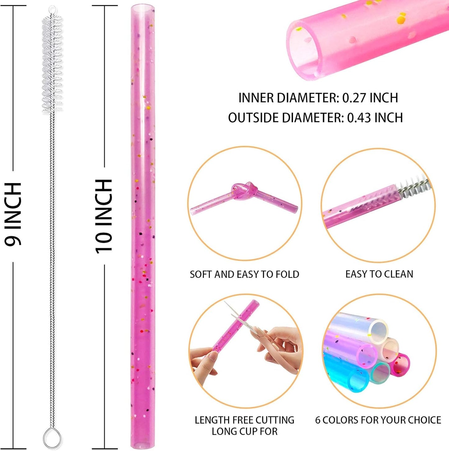 12 Pack Colorful Silicone Straws with Cleaning Brushes Reusable Eco-Friendly Straws, Cut-to-Fit Design (10in × 0.43in)