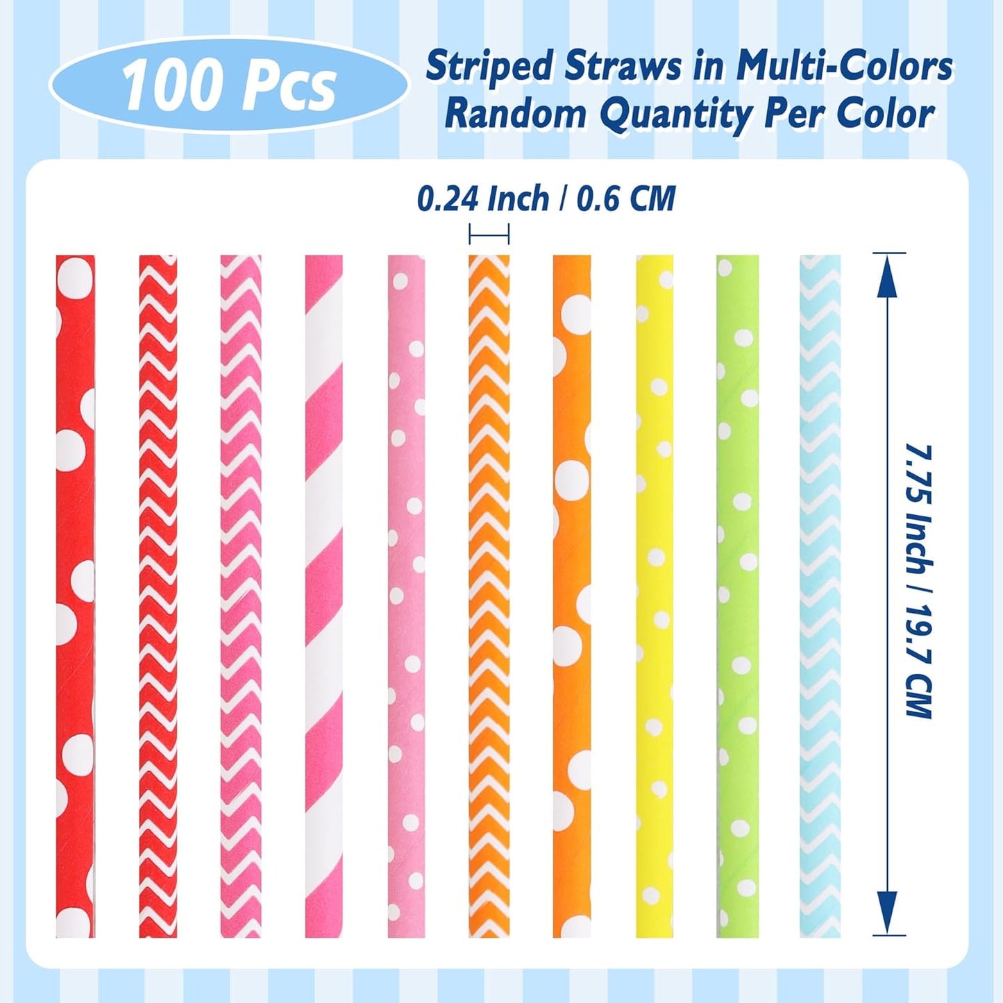 100 Pack Colorful Paper Straws, Assorted Polka Dots & Stripes, Eco-Friendly Biodegradable Disposable Drinking Straws (7.75in × 0.24in)