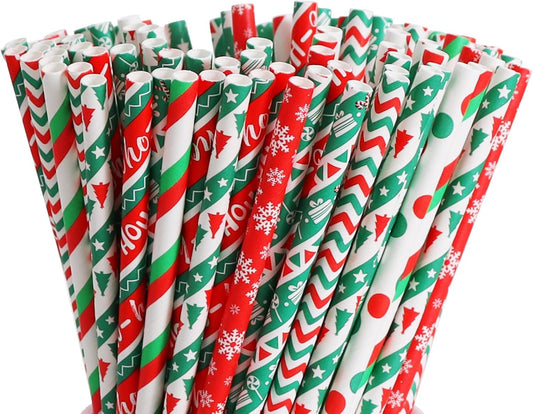 100 Pack Christmas Paper Straws, 8 Festive Designs, Eco-Friendly Biodegradable Disposable Drinking Straws (7.75in × 0.24in)