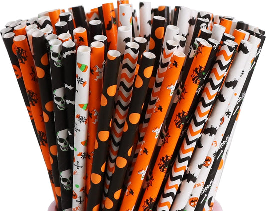 100 Pack Halloween Paper Straws, 12 Assorted Designs, Eco-Friendly Biodegradable Disposable Drinking Straws (7.75in × 0.24in)