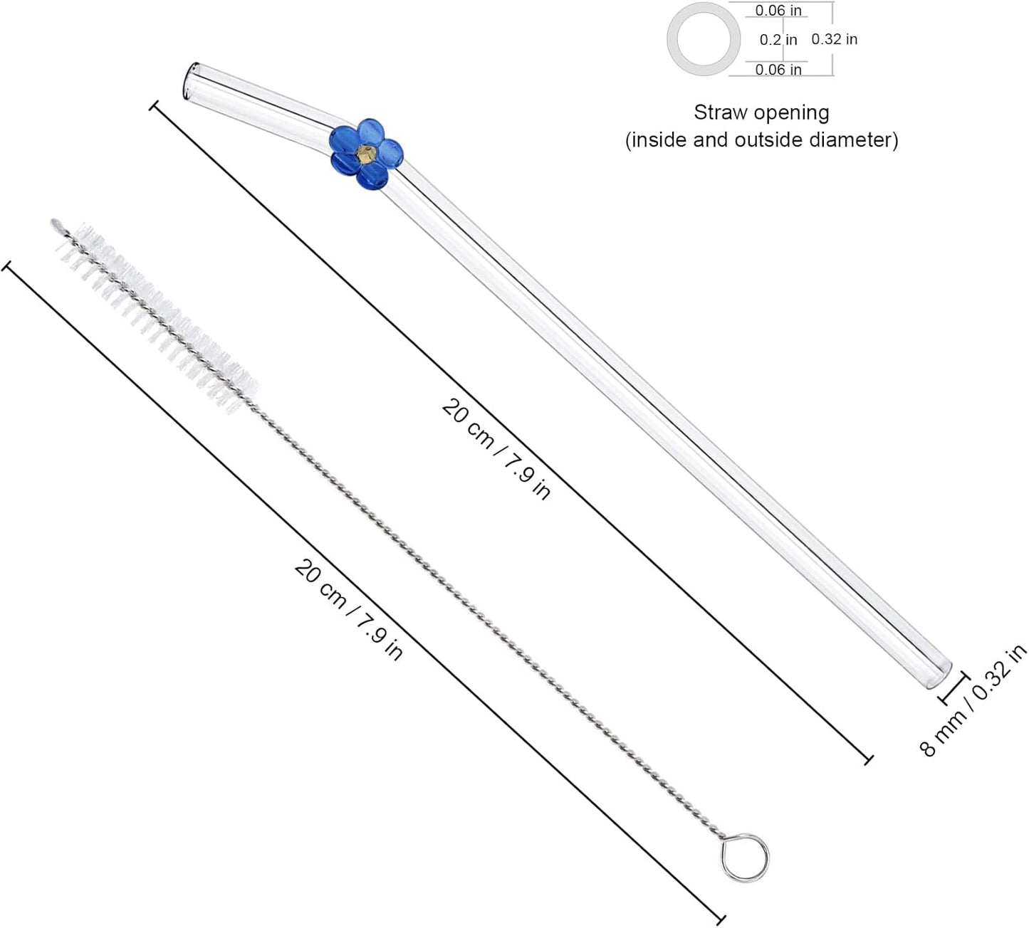 6-Pack Glass Straws Set with Flower Decoration, Reusable Drinking Straws (Random Colors, Includes Cleaning Brush, 20cm/0.32in Diameter)