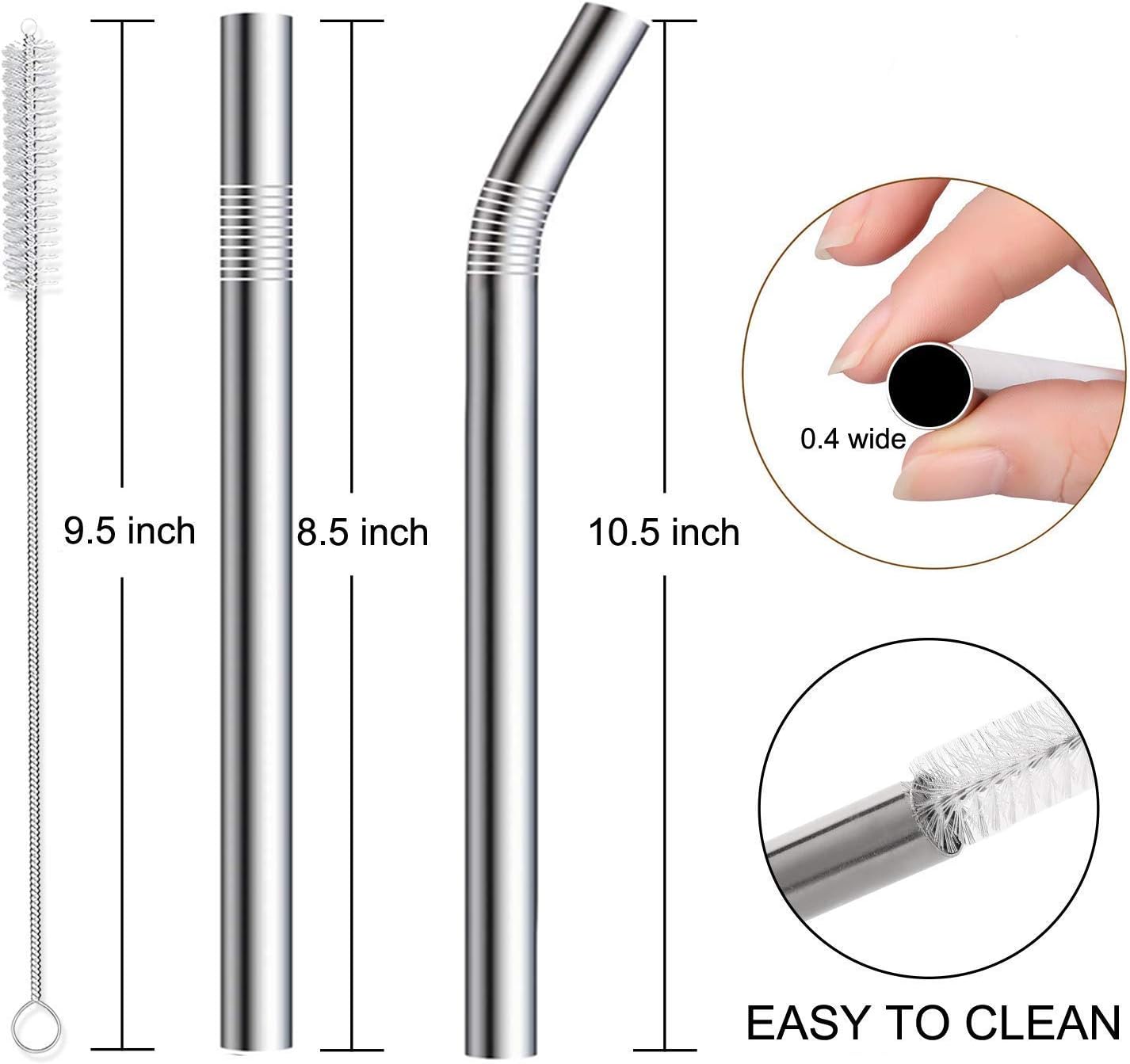4-Pack Stainless Steel Reusable Straws with Cleaning Brush – Straight & Bent Metal Drinking Straws for Beverages