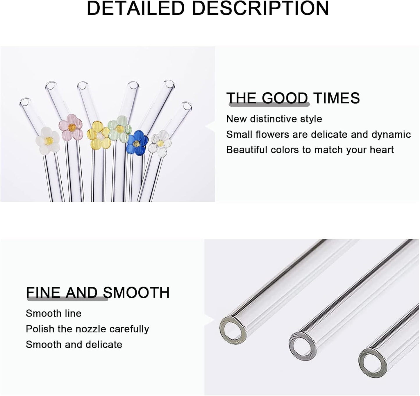 6-Pack Glass Straws Set with Flower Decoration, Reusable Drinking Straws (Random Colors, Includes Cleaning Brush, 20cm/0.32in Diameter)