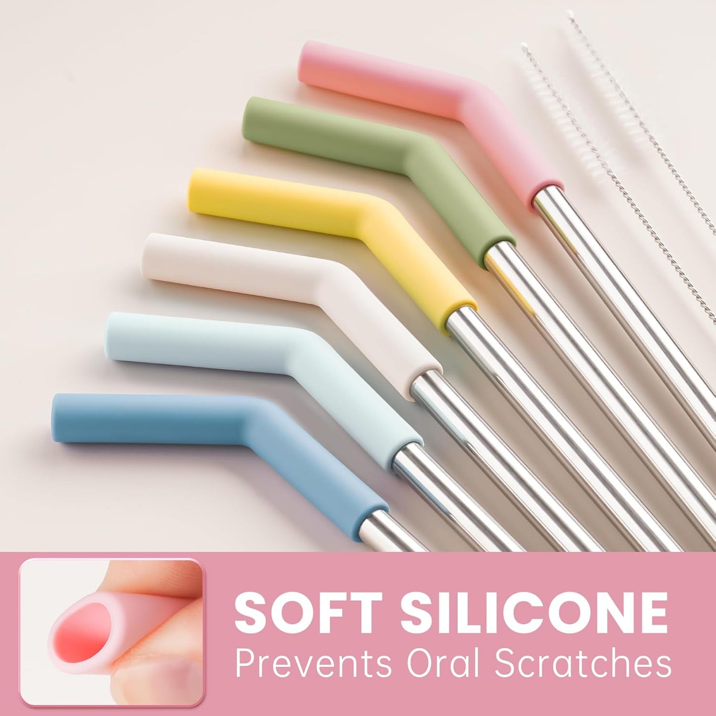 6-Pack Stainless Steel Straws Set, Multi-Size Reusable Drinking Straws with Random Color Silicone Tips & Cleaning Brush