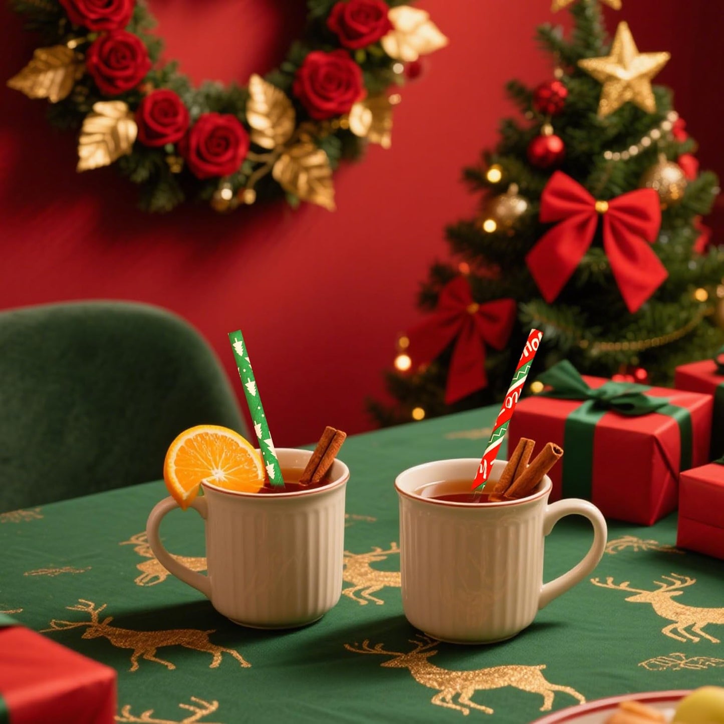 100 Pack Christmas Paper Straws, 8 Festive Designs, Eco-Friendly Biodegradable Disposable Drinking Straws (7.75in × 0.24in)