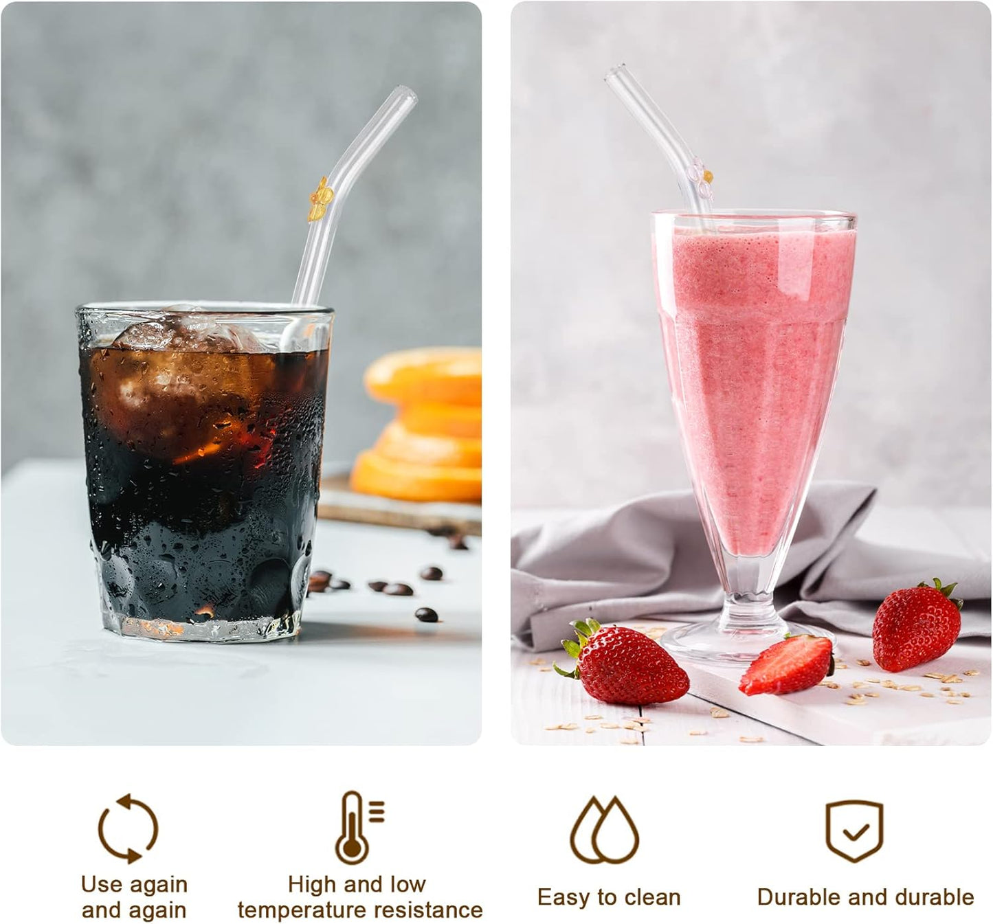 6-Pack Glass Straws Set with Flower Decoration, Reusable Drinking Straws (Random Colors, Includes Cleaning Brush, 20cm/0.32in Diameter)