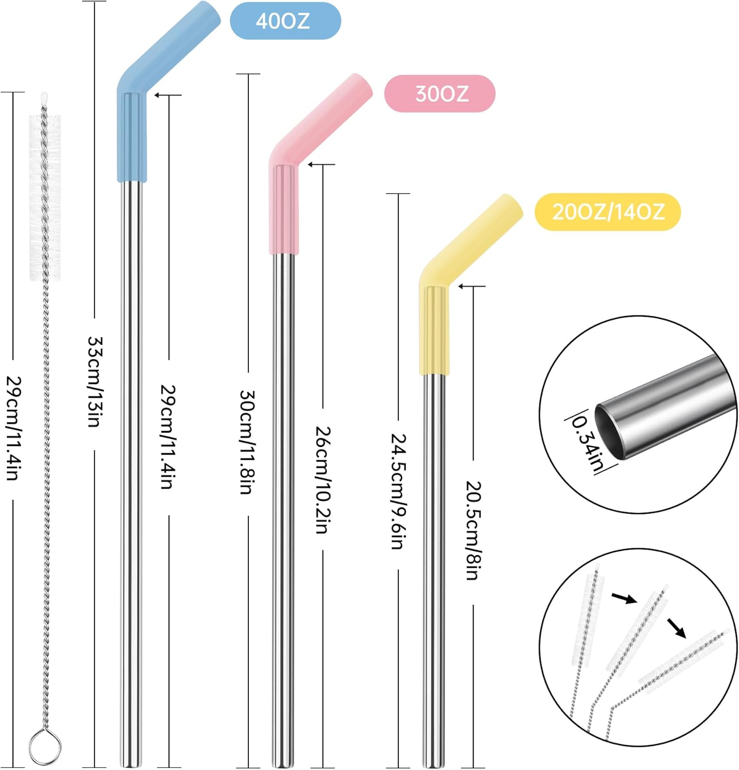 6-Pack Stainless Steel Straws Set, Multi-Size Reusable Drinking Straws with Random Color Silicone Tips & Cleaning Brush