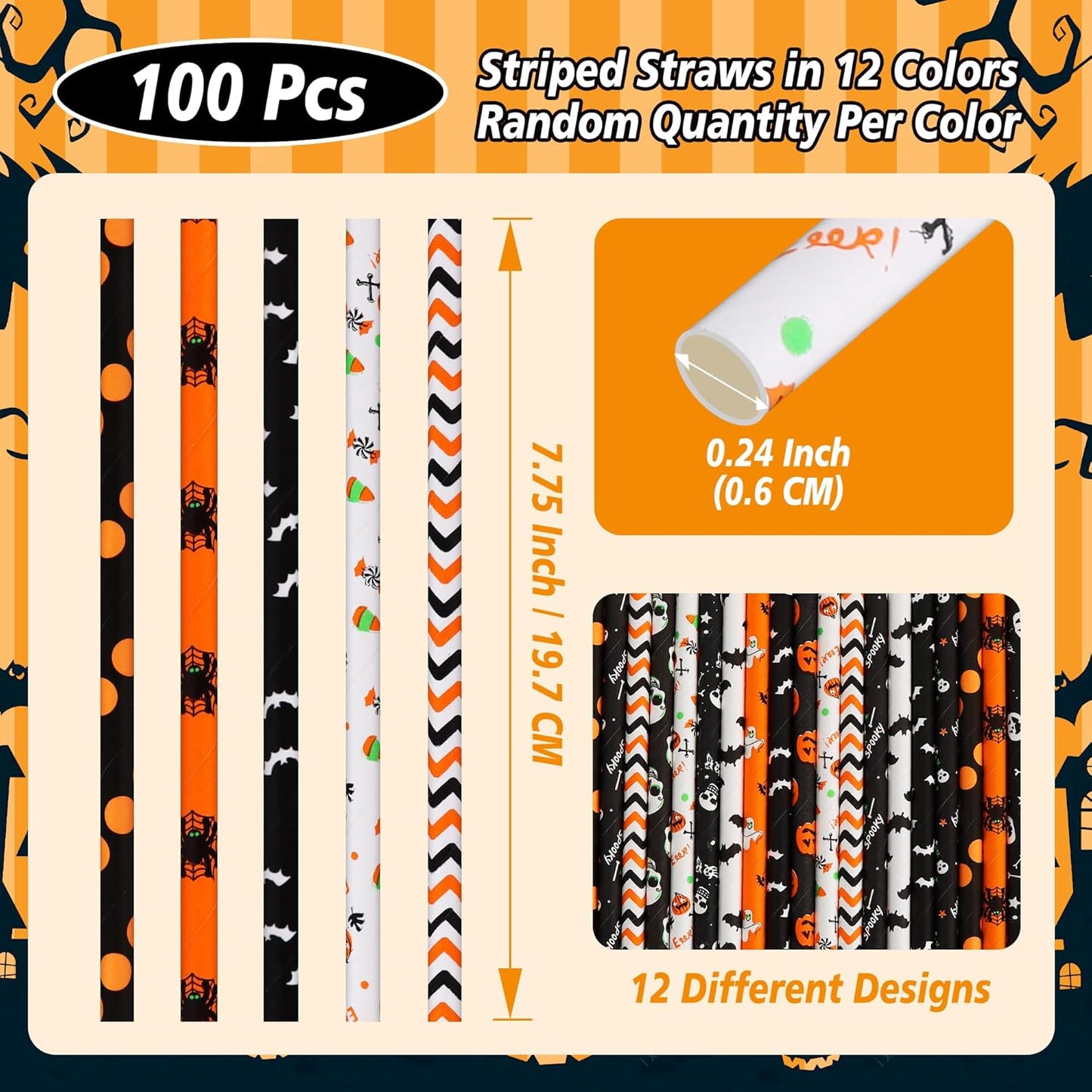 100 Pack Halloween Paper Straws, 12 Assorted Designs, Eco-Friendly Biodegradable Disposable Drinking Straws (7.75in × 0.24in)