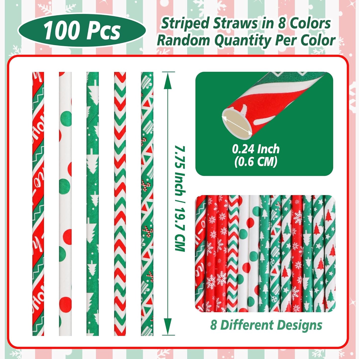 100 Pack Christmas Paper Straws, 8 Festive Designs, Eco-Friendly Biodegradable Disposable Drinking Straws (7.75in × 0.24in)