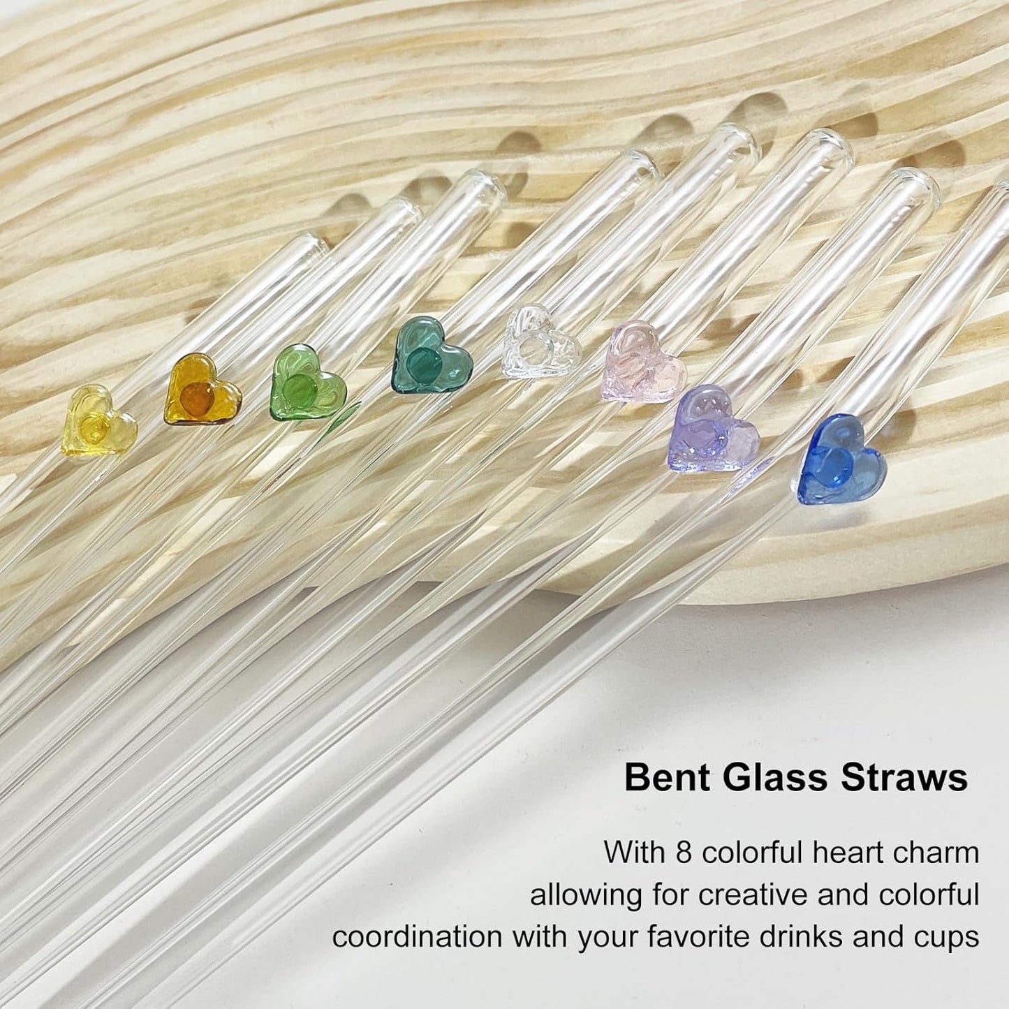8 Pack Colorful Heart Glass Straws Set with 2 Cleaning Brushes Reusable Eco-Friendly Drinking Straws (7.87in × 0.3in)