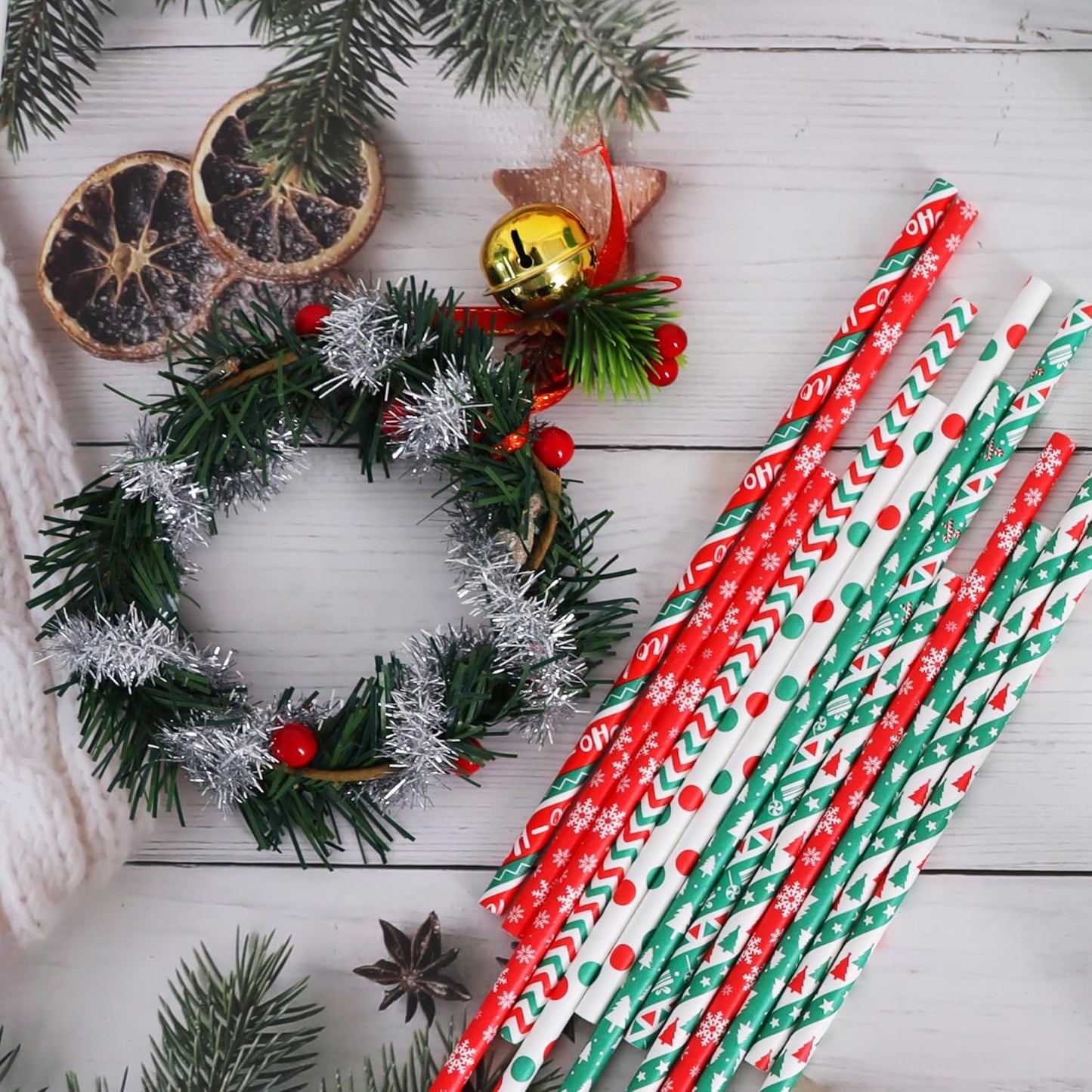 100 Pack Christmas Paper Straws, 8 Festive Designs, Eco-Friendly Biodegradable Disposable Drinking Straws (7.75in × 0.24in)